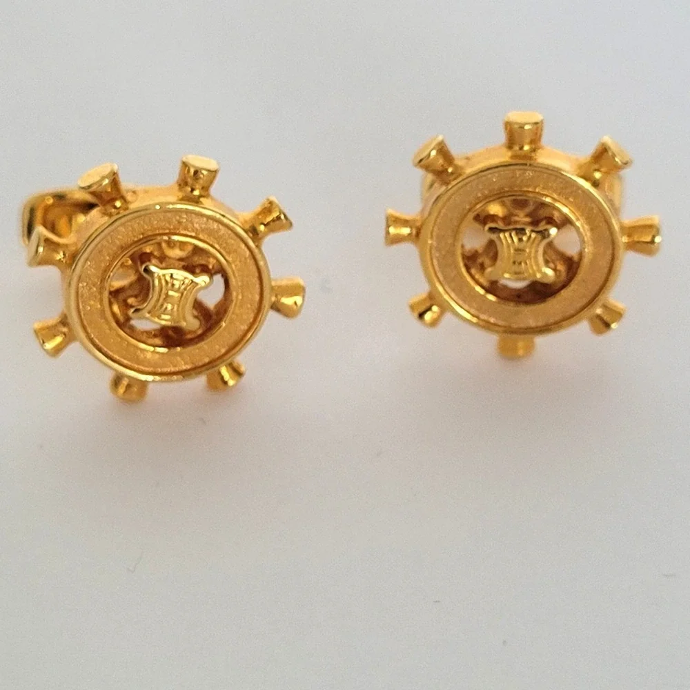 Celine Vintage Gold Tone Macadam Triomphe Ship Wheel Cufflinks Made in Italy